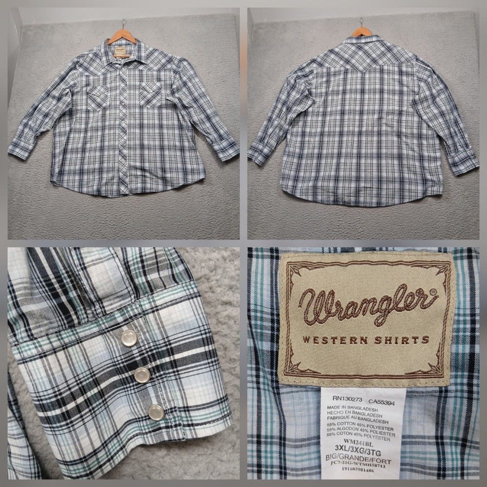 Wrangler Western Shirt Men's 3XL Gray Blue Plaid Pearl Snap Long Sleeve